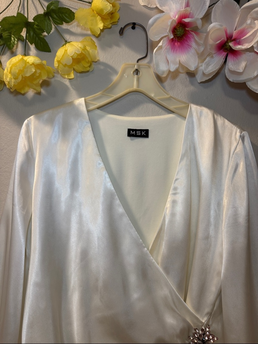 MSK Ivory Satin Wrap Blouse with Jeweled Brooch - Picture 2 of 12